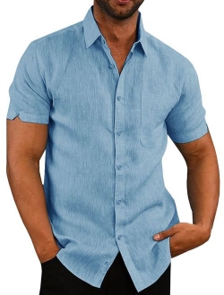 Mens Button Down Shirts Casual Short Sleeve Linen Tops Cotton Lightweight Fishing Tees Spread Collar Plain Shirt