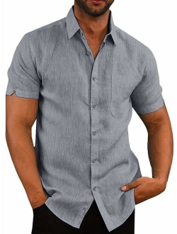 Mens Button Down Shirts Casual Short Sleeve Linen Tops Cotton Lightweight Fishing Tees Spread Collar Plain Shirt