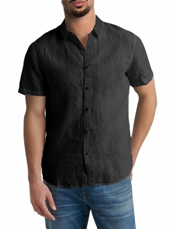 Mens Button Down Shirts Casual Short Sleeve Linen Tops Cotton Lightweight Fishing Tees Spread Collar Plain Shirt