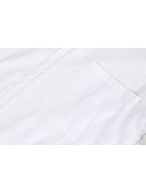 Mens Button Down Shirts Casual Short Sleeve Linen Tops Cotton Lightweight Fishing Tees Spread Collar Plain Shirt