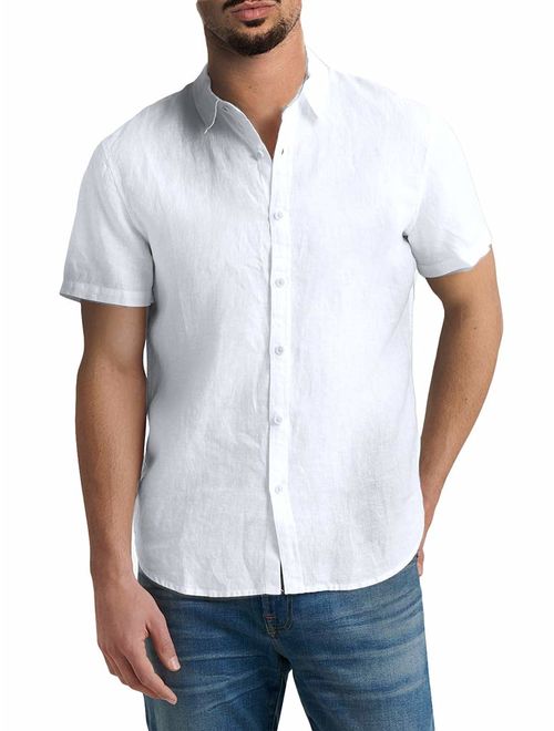 Mens Button Down Shirts Casual Short Sleeve Linen Tops Cotton Lightweight Fishing Tees Spread Collar Plain Shirt