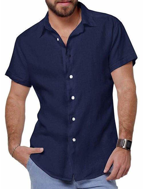 Mens Button Down Shirts Casual Short Sleeve Linen Tops Cotton Lightweight Fishing Tees Spread Collar Plain Shirt