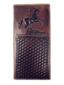 Western Mens Embossed Basketweave Cowboy Coffee Long Wallet in Multi Emblem