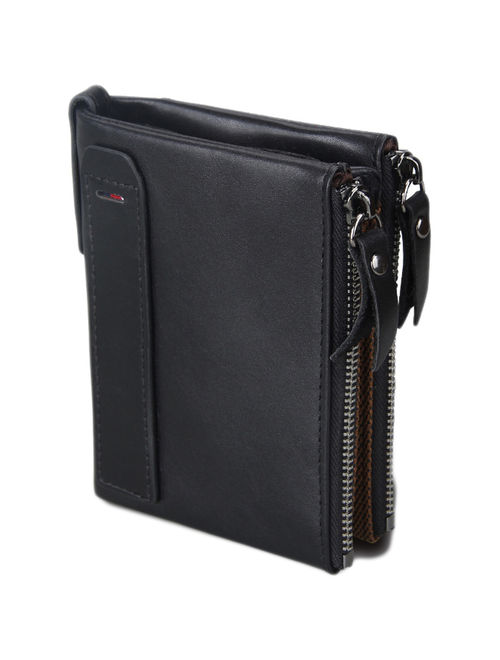 Men's RFID Blocking Genuine Crazy Horse Leather ID Window and Coin Pocket Zipper Bifold Wallet