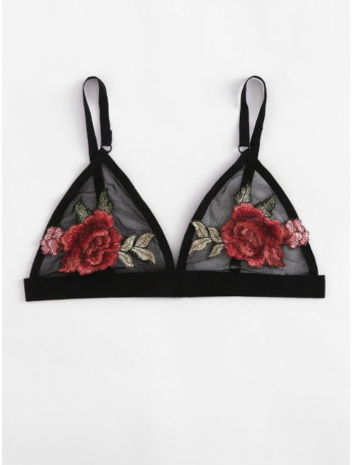 Shein Embroidered Rose Applique Mesh Bralette