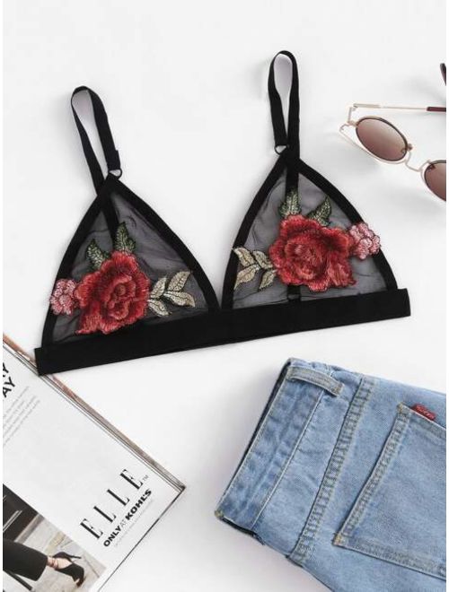 Shein Embroidered Rose Applique Mesh Bralette