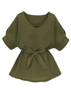 Women's V Neckline Self Tie Short Sleeve Blouse Tunic Tops