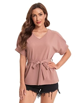 Women's V Neckline Self Tie Short Sleeve Blouse Tunic Tops