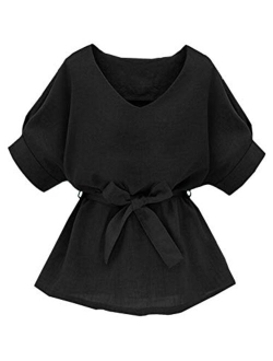 Women's V Neckline Self Tie Short Sleeve Blouse Tunic Tops