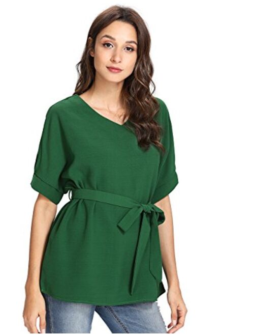 Milumia Women's V Neckline Self Tie Short Sleeve Blouse Tunic Tops