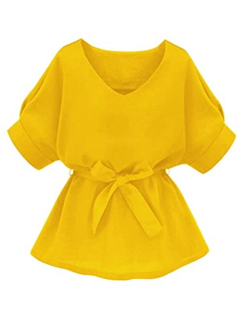 Milumia Women's V Neckline Self Tie Short Sleeve Blouse Tunic Tops