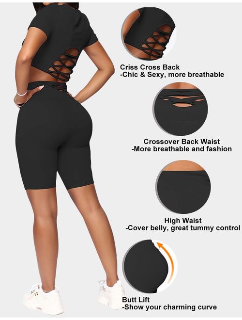 JOYMODE Womens 2 Pieces Workout Outfits High Waist Butt Lift Leggings with Crossover  Crop Top Casual Tracksuit | Topofstyle