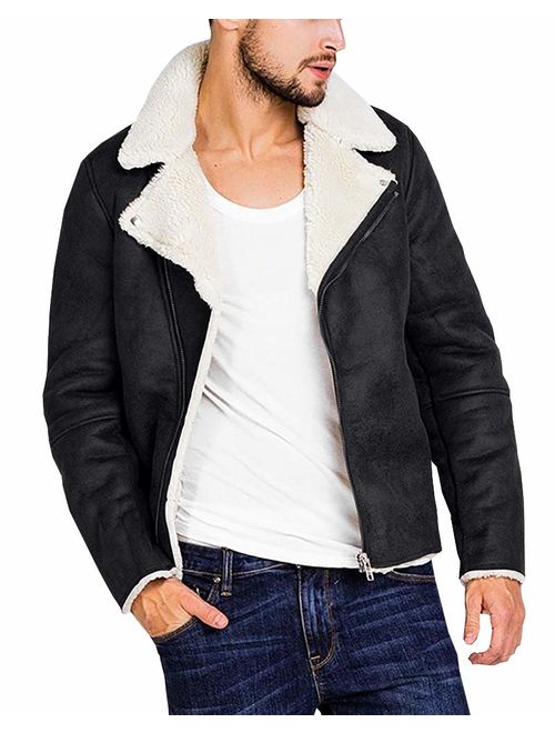 Beotyshow Mens Sherpa Trucker Jacket Full Zip Suede Thicken Lined Softshell Lapel Collar Coat