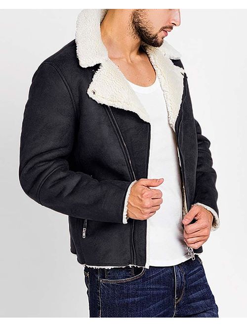 Beotyshow Mens Sherpa Trucker Jacket Full Zip Suede Thicken Lined Softshell Lapel Collar Coat