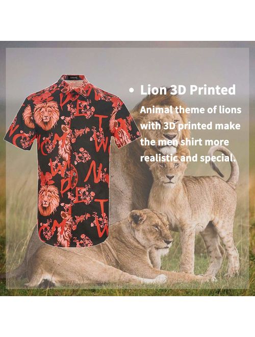 Mens Lion Creative Animal 3D Printing Shirt Funny Graphic Short Sleeve Luxury Design Print Dress Shirts