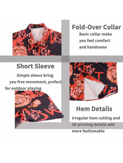 Mens Lion Creative Animal 3D Printing Shirt Funny Graphic Short Sleeve Luxury Design Print Dress Shirts