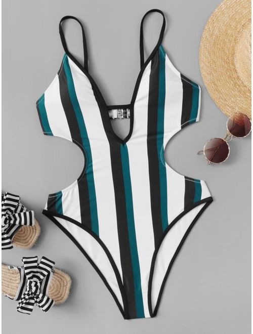 Yellow High Cut 80s One Piece Swimsuit Striped Cut out Backless One Piece Swimsuit Topofstyle