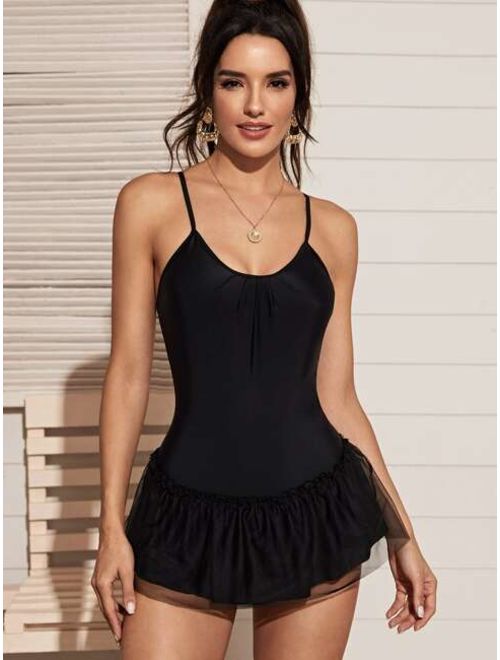 Contrast Mesh Peplum One Piece Swimwear