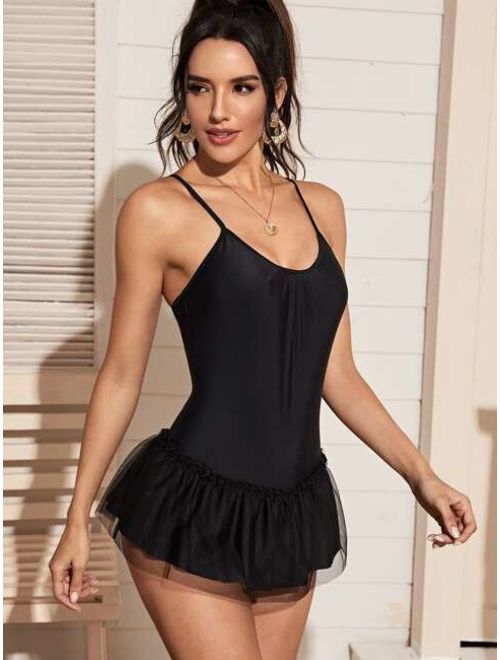 Contrast Mesh Peplum One Piece Swimwear