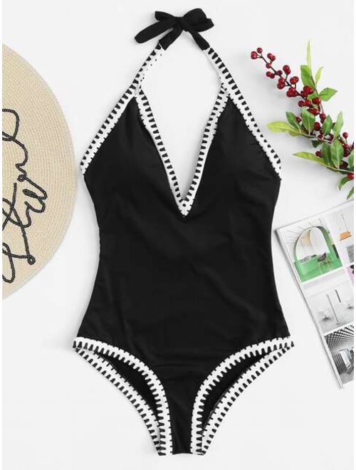 90s Two Piece Swimsuit Contrast Trim Halter One Piece Swimsuit Topofstyle