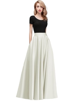 honey qiao Women Satin Skirts Long Floor Length High Waist Fomal Prom Party Skirts with Pockets Back Zipper Closure