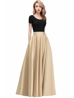 honey qiao Women Satin Skirts Long Floor Length High Waist Fomal Prom Party Skirts with Pockets Back Zipper Closure