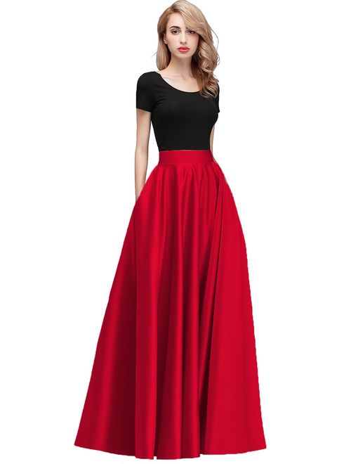 honey qiao Women Satin Skirts Long Floor Length High Waist Fomal Prom Party Skirts with Pockets Back Zipper Closure