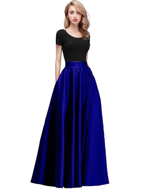 honey qiao Women Satin Skirts Long Floor Length High Waist Fomal Prom Party Skirts with Pockets Back Zipper Closure