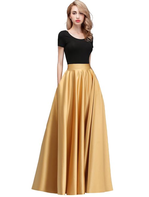 honey qiao Women Satin Skirts Long Floor Length High Waist Fomal Prom Party Skirts with Pockets Back Zipper Closure