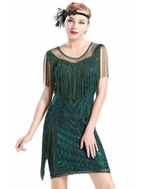 BABEYOND 1920s Gatsby Dress Long Fringe Flapper Dress Roaring 20s Sequins Beaded Dress Vintage Art Deco Dress