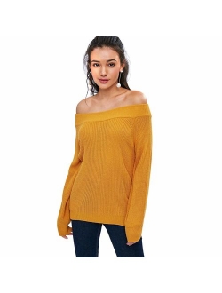 Women's Knit Sweater Lantern Sleeve Casual Batwing Sleeve Off Shoulder Loose Pullover Jumper