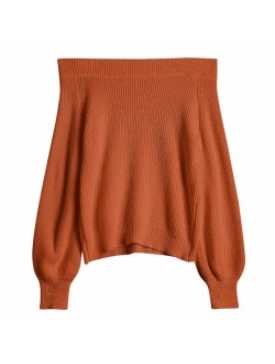 Women's Knit Sweater Lantern Sleeve Casual Batwing Sleeve Off Shoulder Loose Pullover Jumper