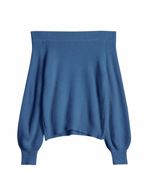 ZAFUL Women's Knit Sweater Lantern Sleeve Casual Batwing Sleeve Off Shoulder Loose Pullover Jumper