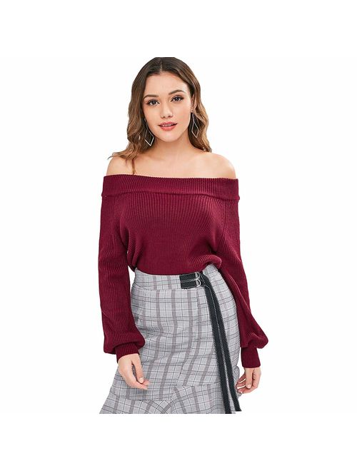 ZAFUL Women's Knit Sweater Lantern Sleeve Casual Batwing Sleeve Off Shoulder Loose Pullover Jumper