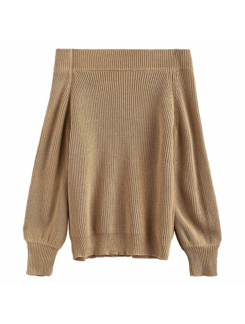 ZAFUL Women's Knit Sweater Lantern Sleeve Casual Batwing Sleeve Off Shoulder Loose Pullover Jumper