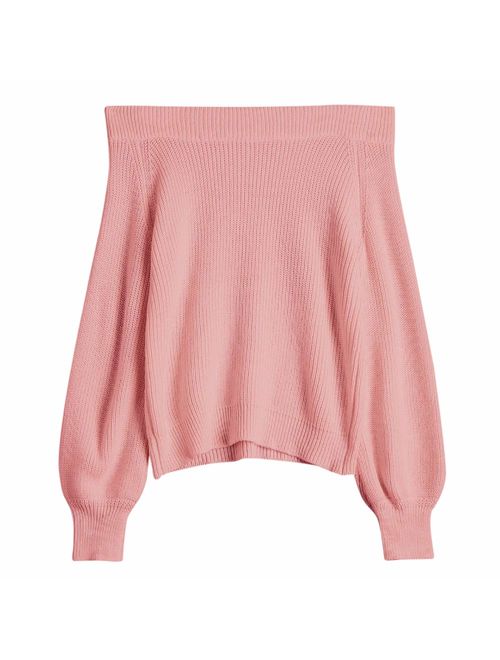 ZAFUL Women's Knit Sweater Lantern Sleeve Casual Batwing Sleeve Off Shoulder Loose Pullover Jumper