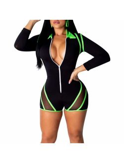 Buy Echoine Women S Sexy Zip Up One Piece Outfits Deep V Neck Long Sleeve Bodycon Short Pants Party Clubwear Jumpsuit Romper Online Topofstyle