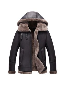 Hooded Shearling Jacket Mens B3 Flight Jacket Short Leather Jacket Mans Sheepskin Aviator Fur Coat