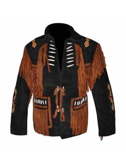 COCOBEEUSA Seasonal Men's Western Suede Leather Jacket with Fringe and Beaded Native American Jacket