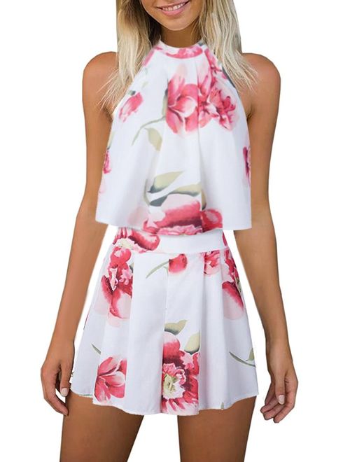 Women's Floral Printed Summer Dress Romper Boho Playsuit Jumpsuits Beach 2 Piece Outfits Top with Shorts