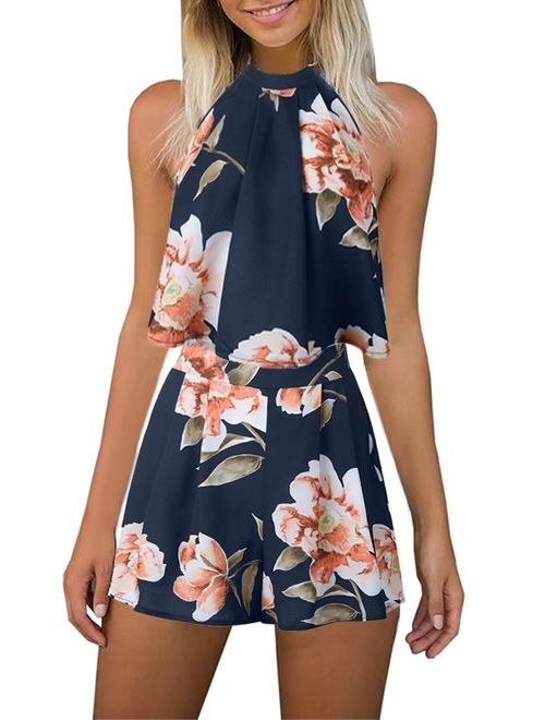 Women's Floral Printed Summer Dress Romper Boho Playsuit Jumpsuits Beach 2 Piece Outfits Top with Shorts