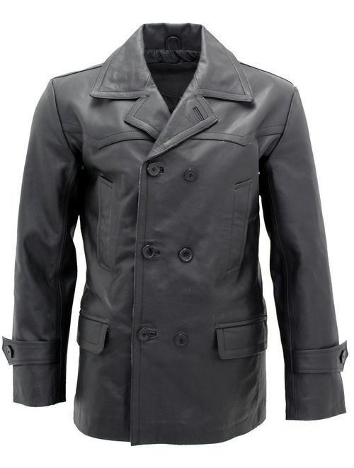 Men's Black German Naval Dr Who Cow Hide Leather Pea Coat