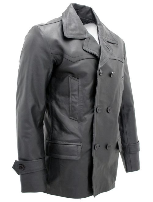 Men's Black German Naval Dr Who Cow Hide Leather Pea Coat