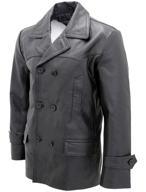 Men's Black German Naval Dr Who Cow Hide Leather Pea Coat