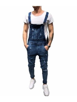 Mens Denim Distressed Bib Jumpsuits Overalls Jeans Slim Fit Ripped Pants Dungarees