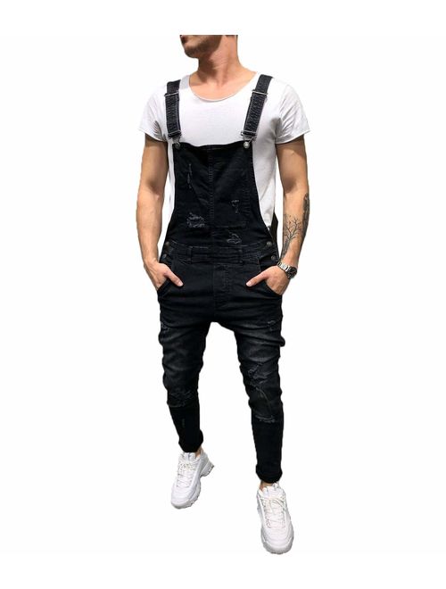 Mens Denim Distressed Bib Jumpsuits Overalls Jeans Slim Fit Ripped Pants Dungarees