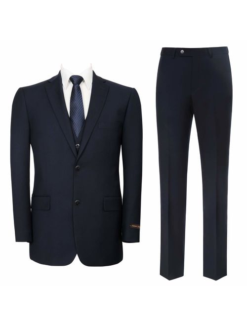 Pio Lorenzo Men's 3-Piece Classic Fit Suit Single Breasted Blazer& Hidden Expandable Waist Flat Front Pants