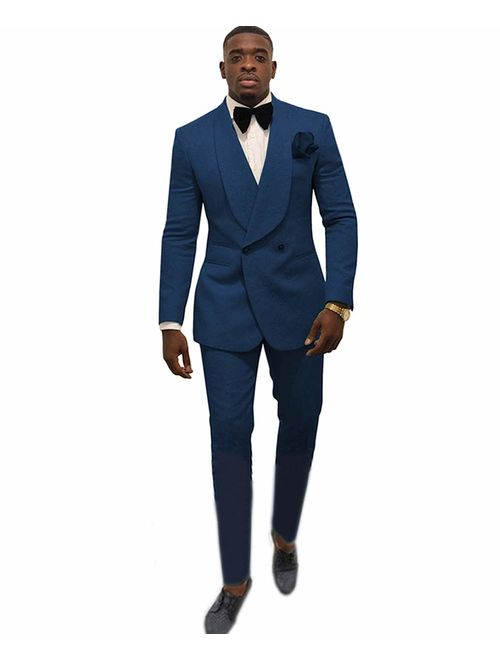 Zeattall Men's Shawl Lapel Slim Fit Suit 2 Pieces Groom Tuxedos Double-Breasted Blazer Prom Party Suits