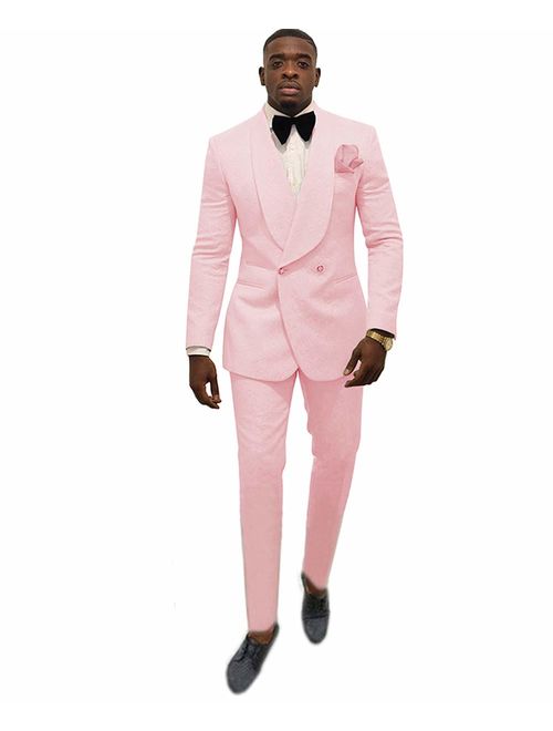 Zeattall Men's Shawl Lapel Slim Fit Suit 2 Pieces Groom Tuxedos Double-Breasted Blazer Prom Party Suits