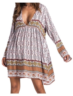 Kidsform Women Boho Dress Floral Printed Deep V-Neck Summer Beach Bohemian Sundress Loose Short Mini Dress